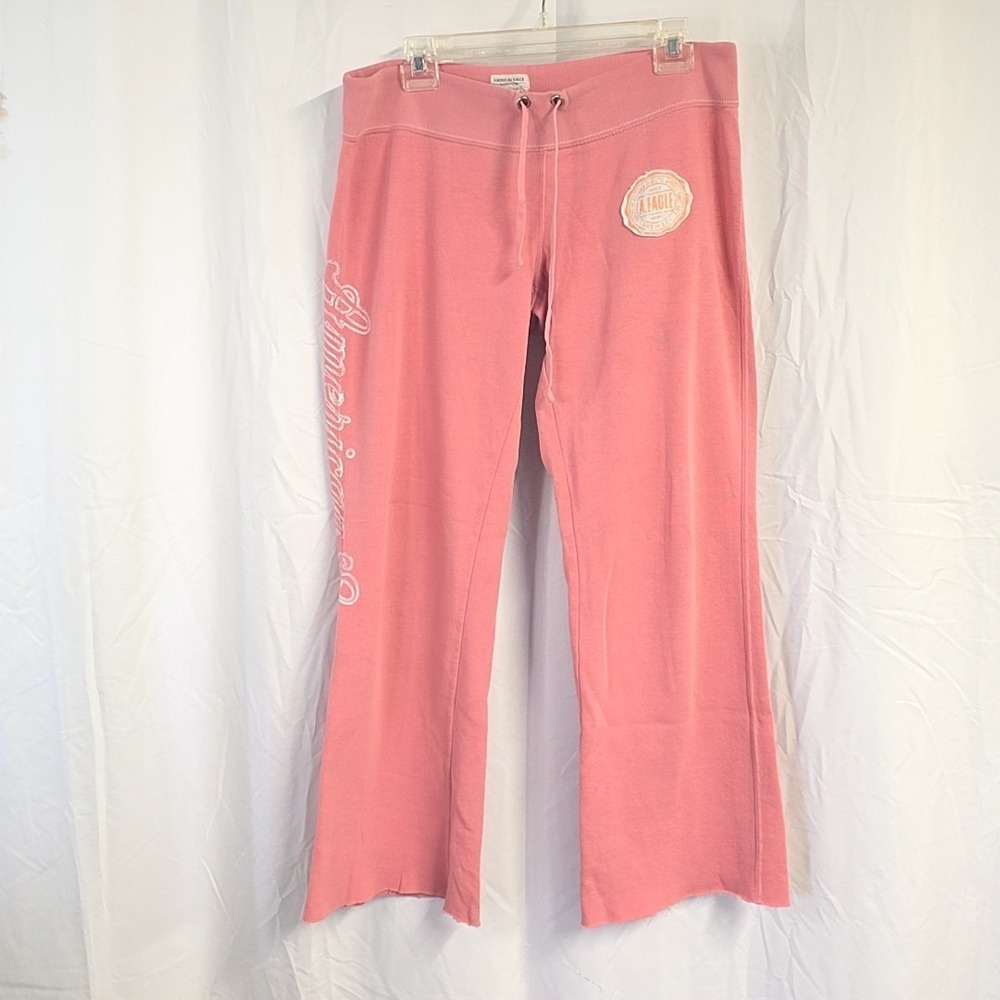 Y2K American Eagle Sweatpants sz‎ M Pink Fleece Flare Raw Edge Lounge Mallcore